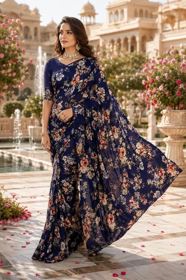 Dark_Blue_Georgette_Floral_Print_Saree_For_Women