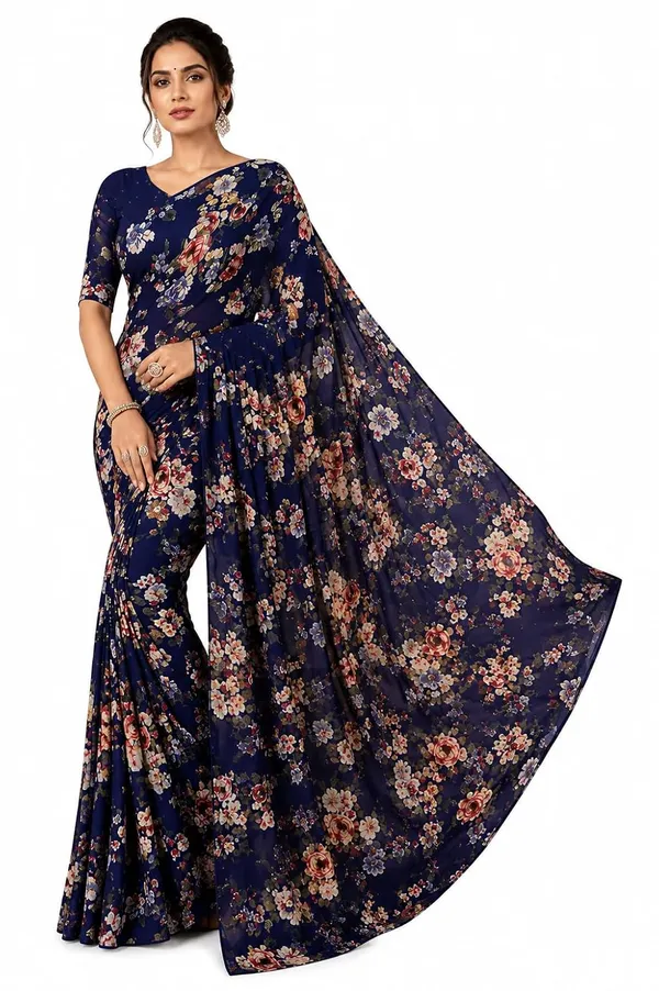 Dark_Blue_Georgette_Floral_Print_Saree_For_Women