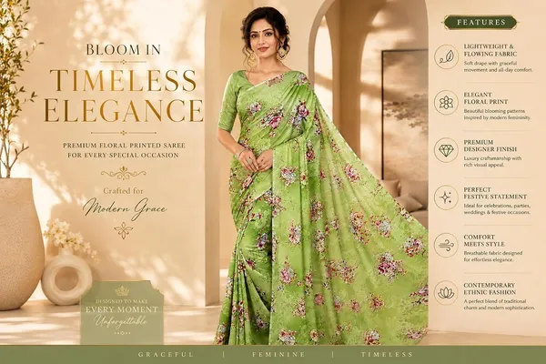 Green_Georgette_Floral_Print_Saree_For_Women