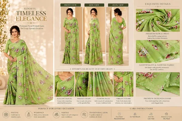 Green_Georgette_Floral_Print_Saree_For_Women