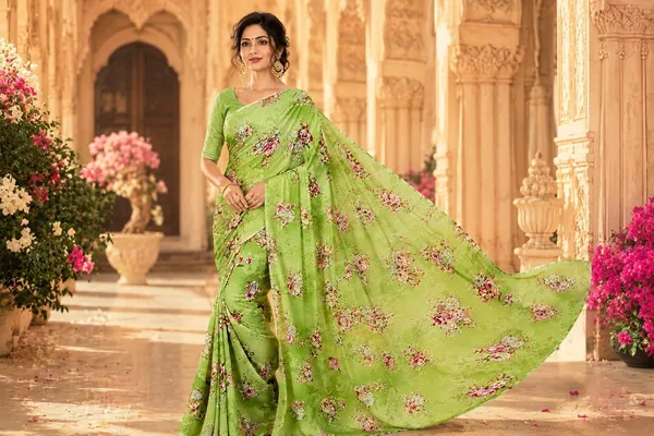 Green_Georgette_Floral_Print_Saree_For_Women