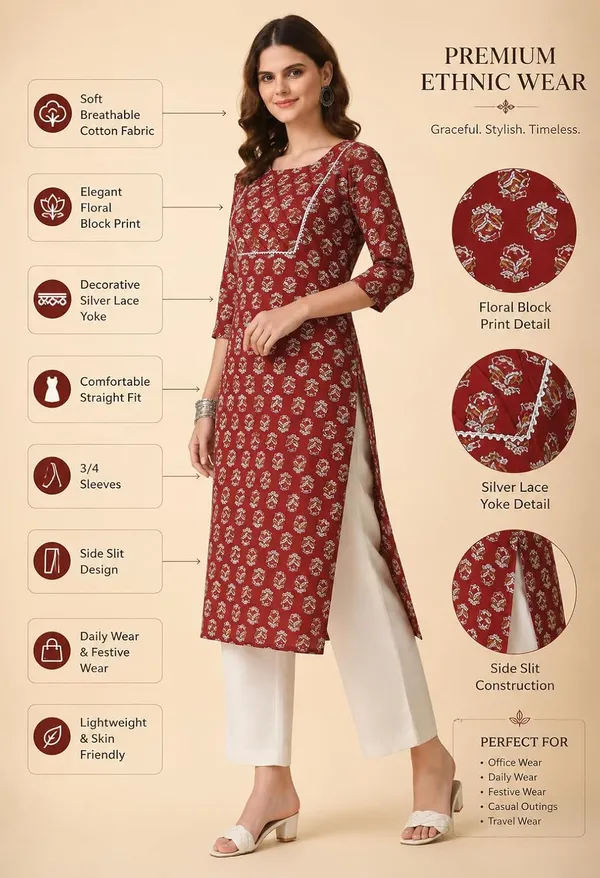 Maroon_Cotton_Floral_Printed_Straight_Kurti_For_Women