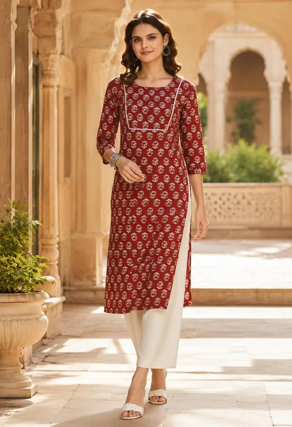 Maroon_Cotton_Floral_Printed_Straight_Kurti_For_Women