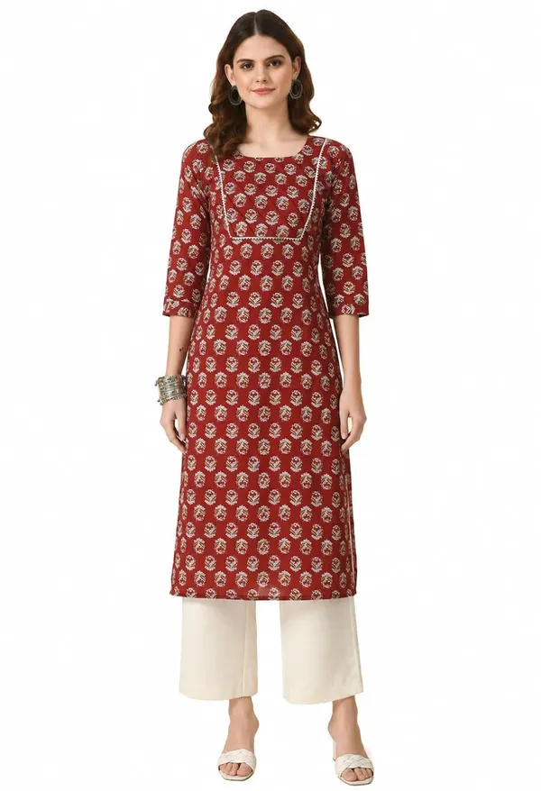 Maroon_Cotton_Floral_Printed_Straight_Kurti_For_Women