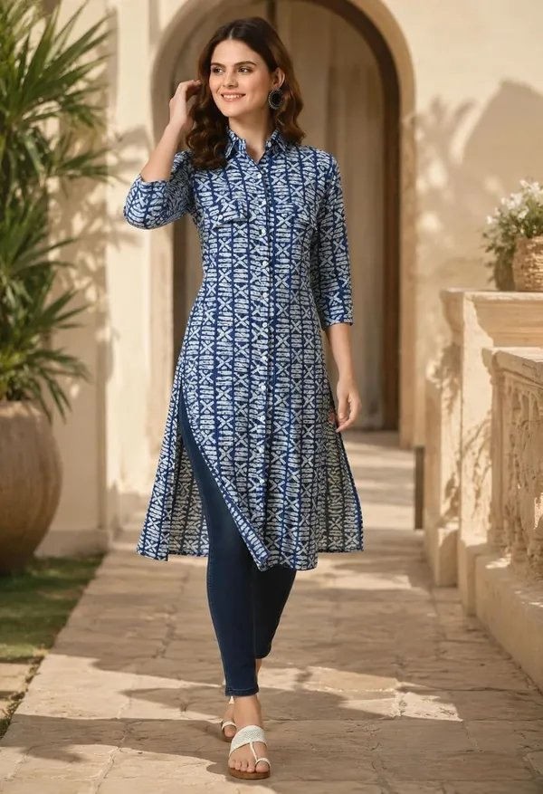 Blue_Cotton_Straight_Geometric_Print_Shirt_Kurti_For_Women
