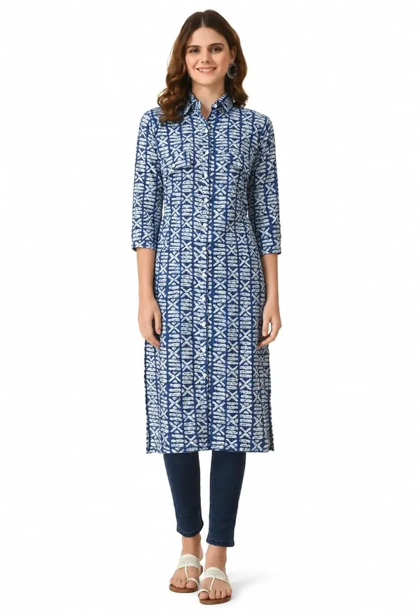 Blue_Cotton_Straight_Geometric_Print_Shirt_Kurti_For_Women