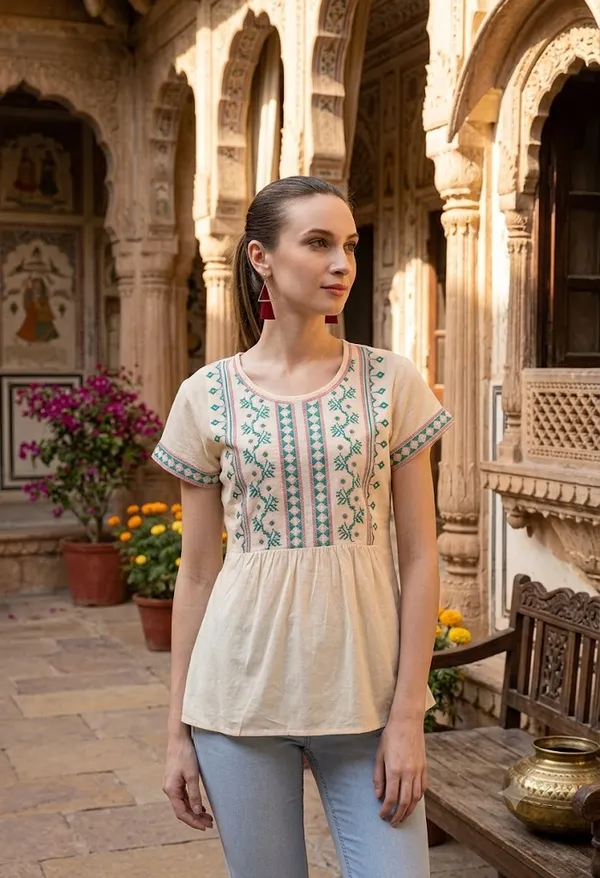 Ivory_Cotton_Embroidered_Half_Sleeve_Peplum_Top_For_Women