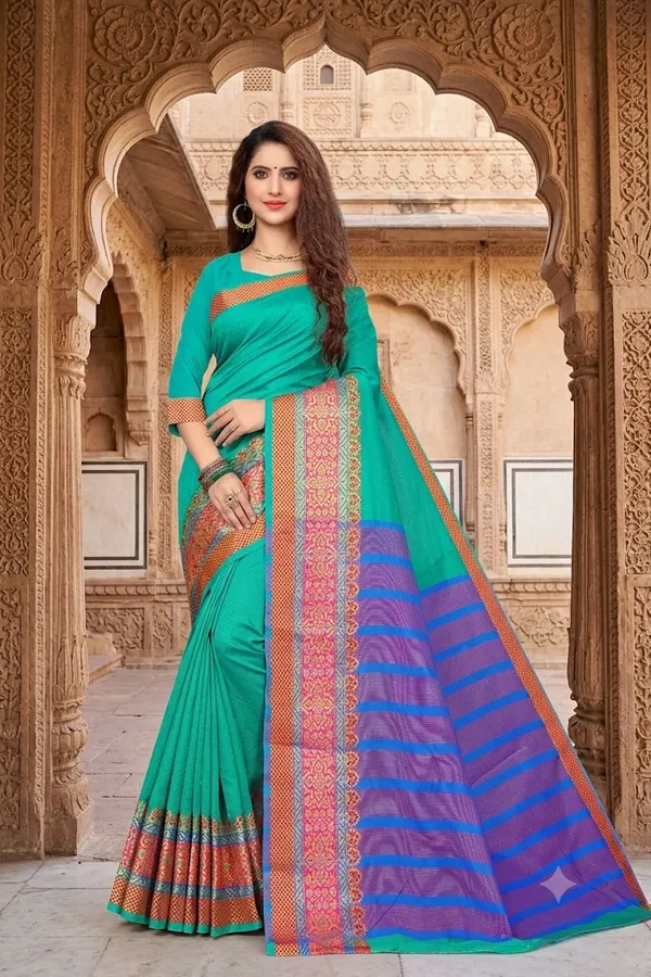 Teal_Cotton_Silk_Handloom_Saree_For_Women