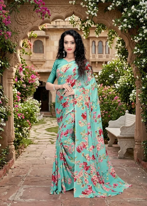 Teal_Georgette_Floral_Print_Saree_For_Women