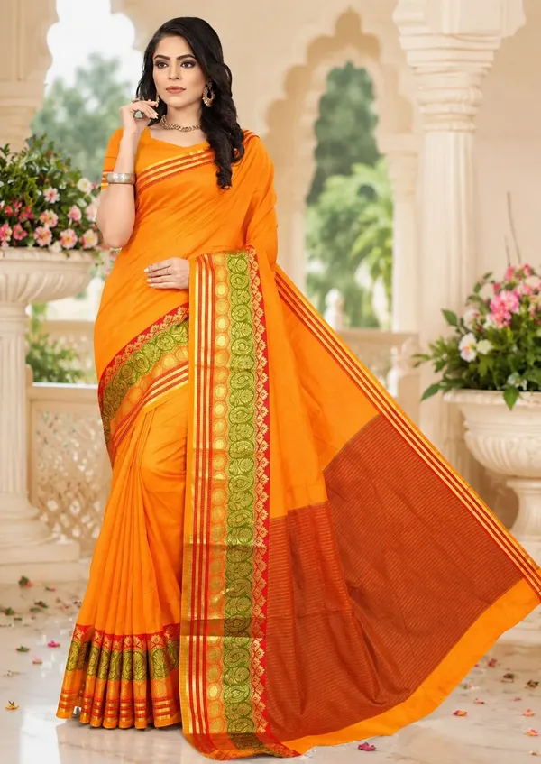 Orange_Cotton_Silk_Saree_With_Blouse_Piece_For_Women
