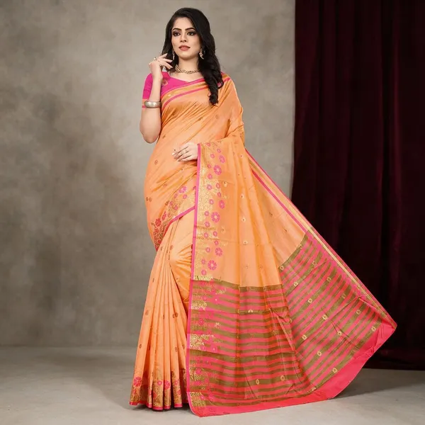 Light_Orange_Cotton_Silk_Saree_With_Blouse_Piece_For_Women