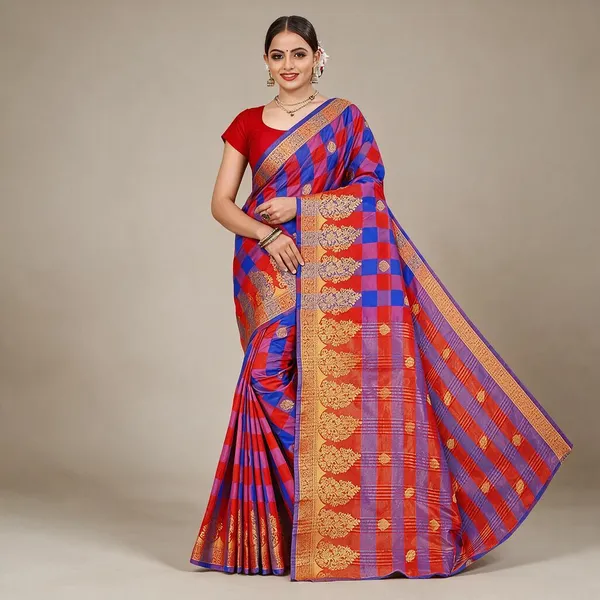 Red_Cotton_Silk_Zari_Jacquard_Saree_With_Blouse_For_Women