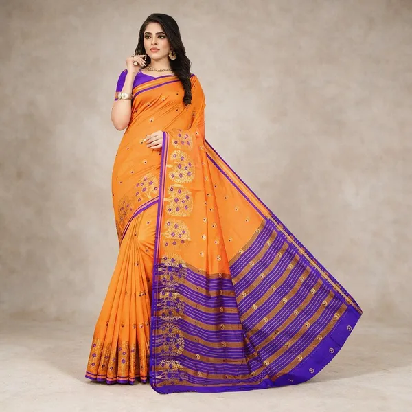Orange_Cotton_Silk_Saree_With_Blouse_Piece_For_Women