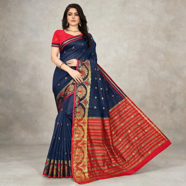 Dark_Blue_Cotton_Silk_Saree_With_Blouse_Piece_For_Women