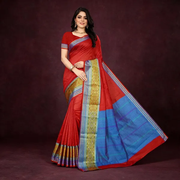 Red_Cotton_Silk_Saree_With_Blouse_Piece_For_Women