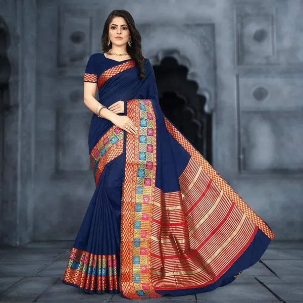 Dark_Blue_Cotton_Silk_Saree_With_Blouse_Piece_For_Women