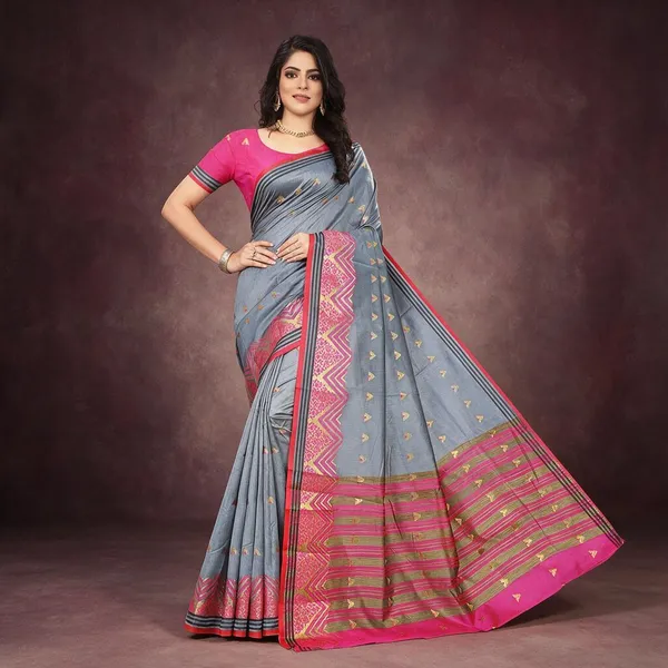 Grey_Cotton_Silk_Saree_With_Blouse_Piece_For_Women