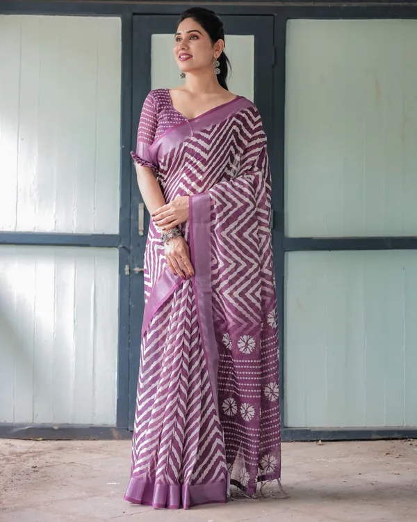 Purple_Cotton_Geometric_Zigzag_Printed_Saree_For_Women