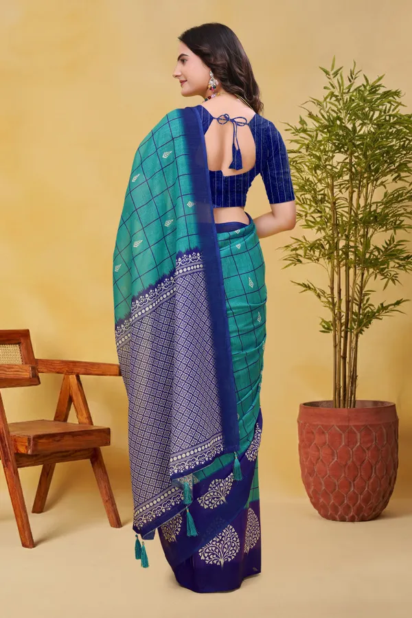 Teal_Blue_Cotton_Geometric_Check_Printed_Saree_For_Women