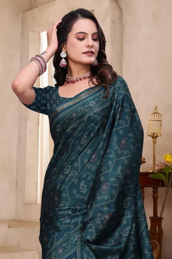 Teal_Cotton_Traditional_Printed_Saree_For_Women