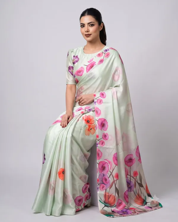Mint_Green_Cotton_Floral_Print_Saree_For_Women