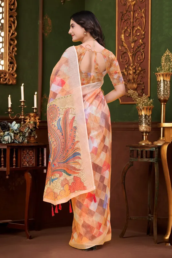 Peach_Cotton_Geometric_Paisley_Printed_Saree_For_Women