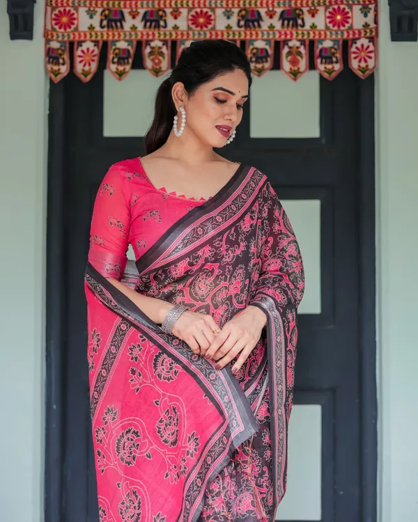 Pink_Black_Cotton_Paisley_Floral_Printed_Saree_For_Women