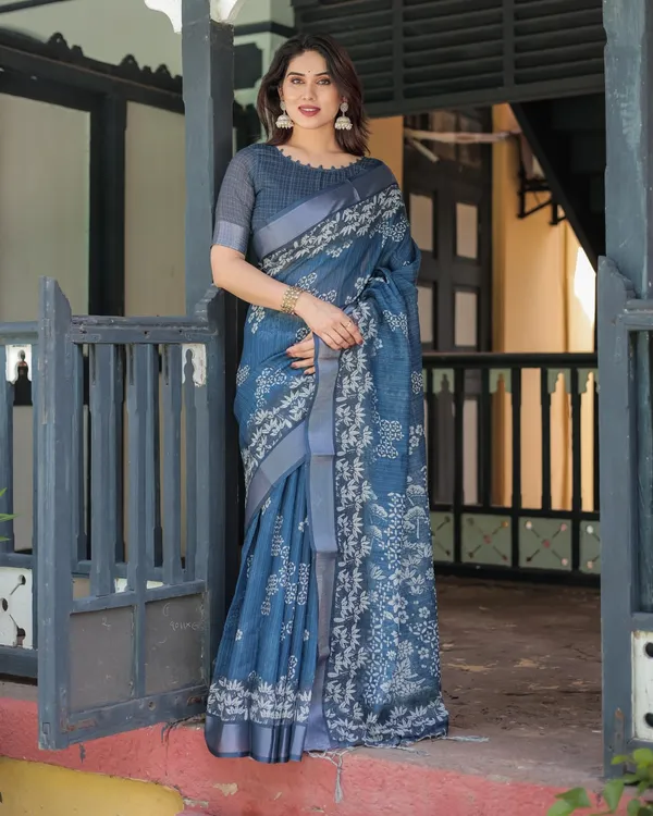 Blue_Cotton_Floral_Printed_Saree_For_Women
