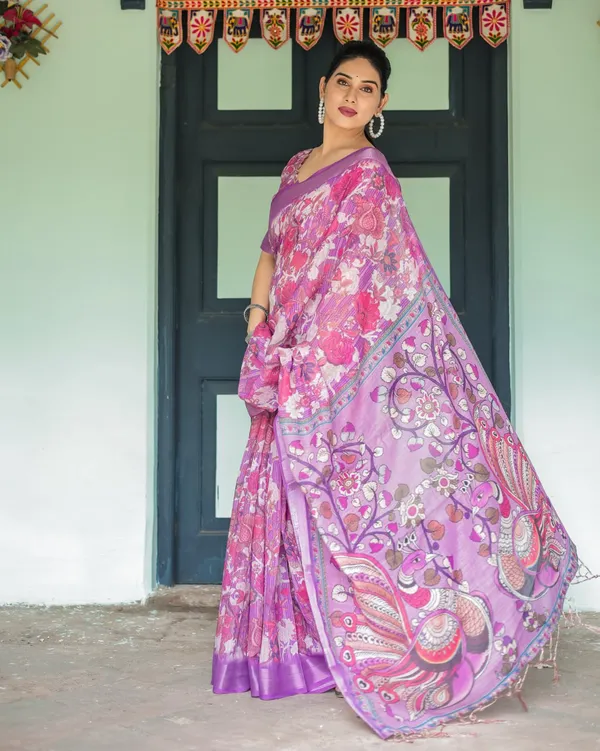 Purple_Cotton_Floral_Printed_Saree_For_Women