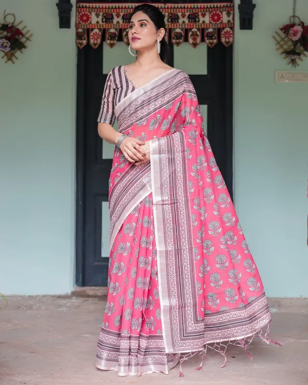 Pink_Cotton_Floral_Printed_Saree_For_Women