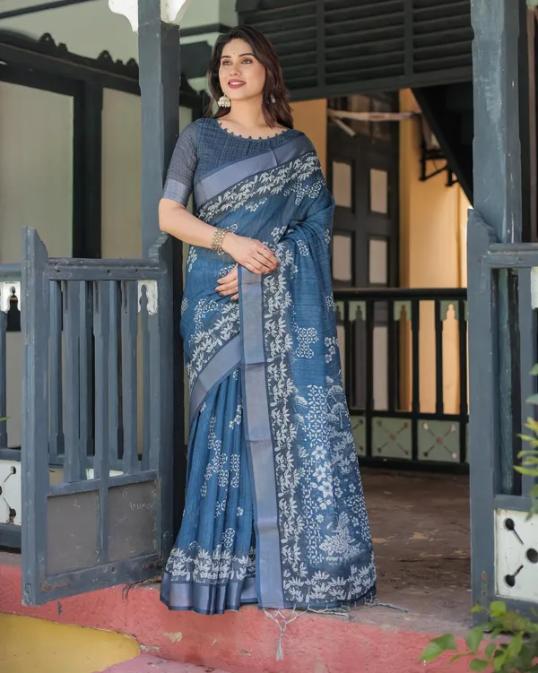 Blue_Cotton_Floral_Printed_Saree_For_Women