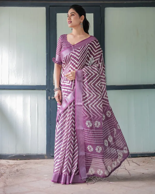 Purple_Cotton_Geometric_Zigzag_Printed_Saree_For_Women