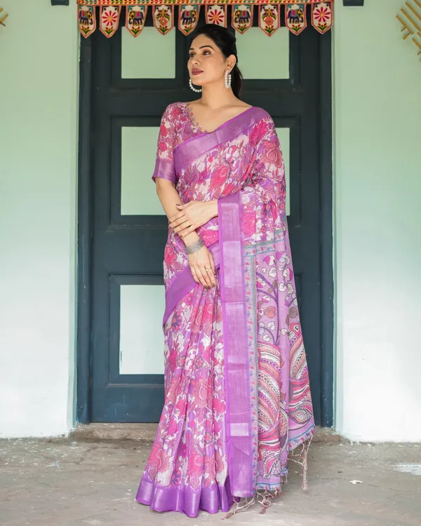 Purple_Cotton_Floral_Printed_Saree_For_Women