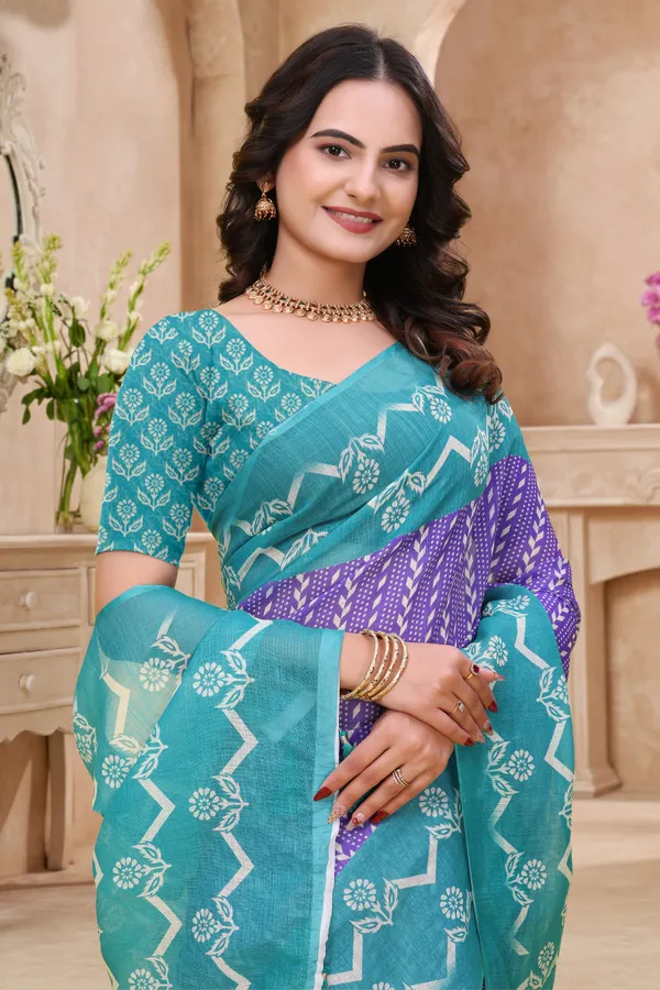 Teal_Purple_Cotton_Printed_Saree_For_Women