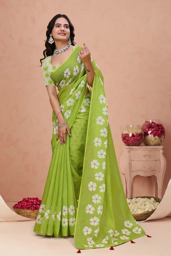 Green_Cotton_Floral_Printed_Saree_For_Women