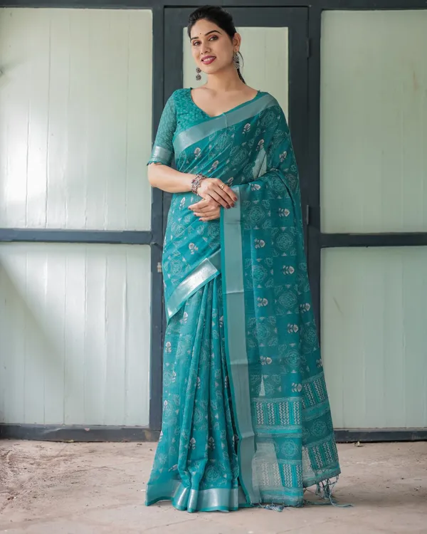 Teal_Cotton_Printed_Saree_For_Women
