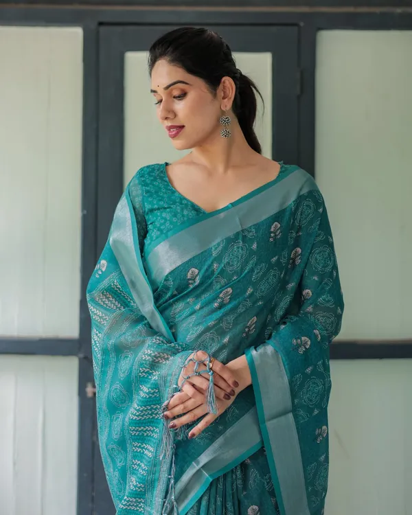 Teal_Cotton_Printed_Saree_For_Women