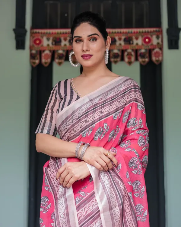Pink_Cotton_Floral_Printed_Saree_For_Women