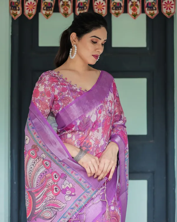 Purple_Cotton_Floral_Printed_Saree_For_Women