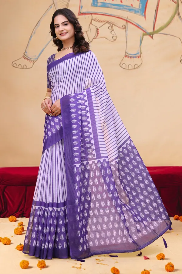 Purple_Cotton_Striped_Leaf_Print_Saree_For_Women