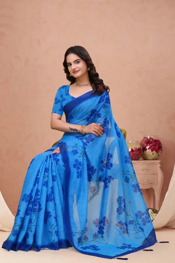 Blue_Cotton_Floral_Printed_Saree_For_Women