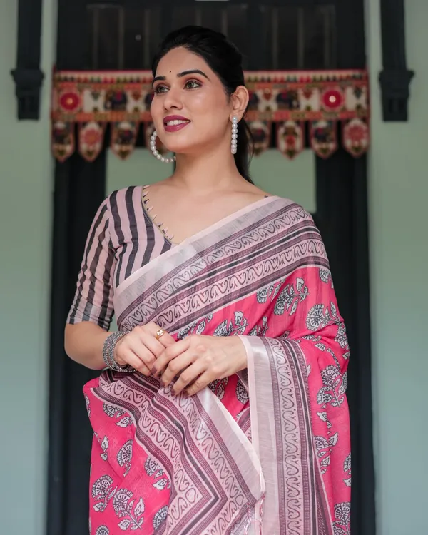Pink_Cotton_Floral_Printed_Saree_For_Women