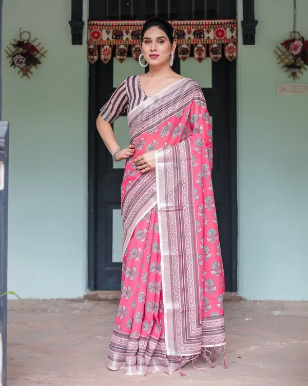 Pink_Cotton_Floral_Printed_Saree_For_Women