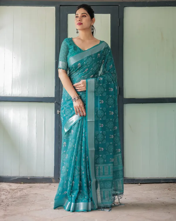 Teal_Cotton_Printed_Saree_For_Women