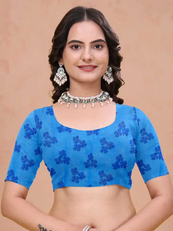 Blue_Cotton_Floral_Printed_Saree_For_Women