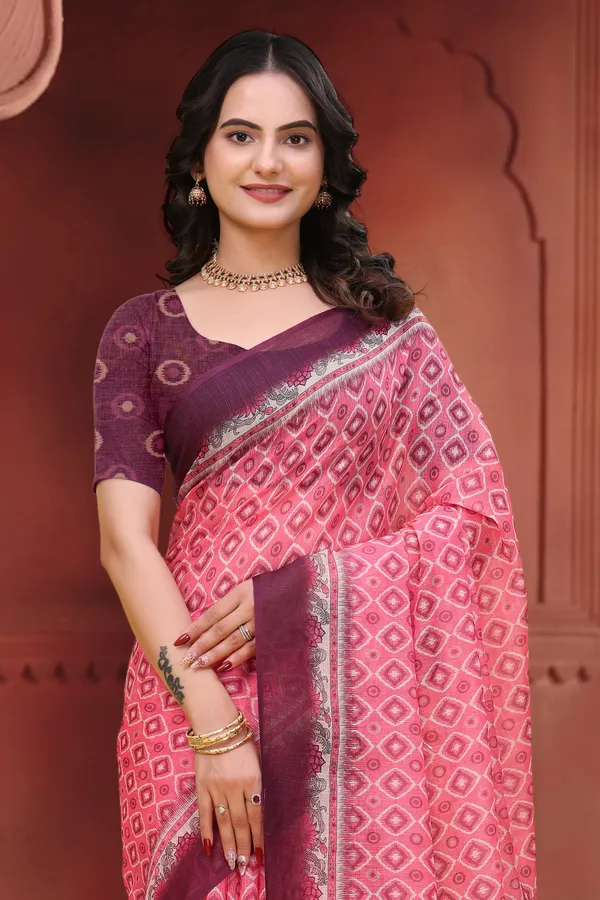 Pink_Cotton_Geometric_Print_Saree_With_Blouse_For_Women