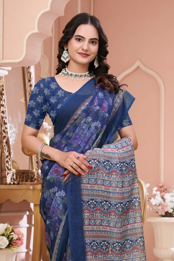 Blue_Cotton_Floral_Printed_Saree_For_Women
