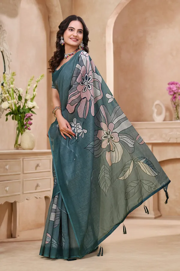 Teal_Cotton_Floral_Printed_Saree_With_Blouse_For_Women