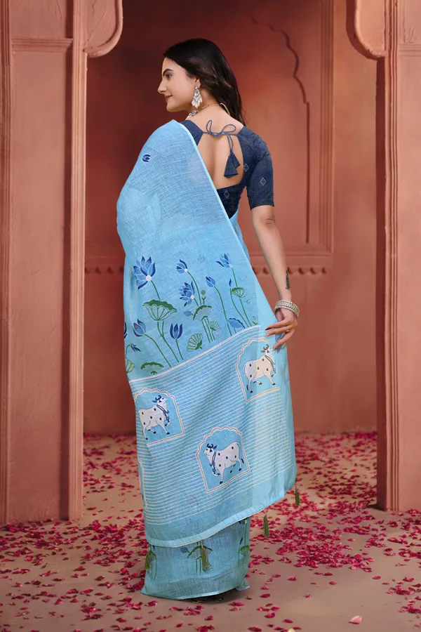 Light_Blue_Cotton_Floral_Printed_Saree_For_Women