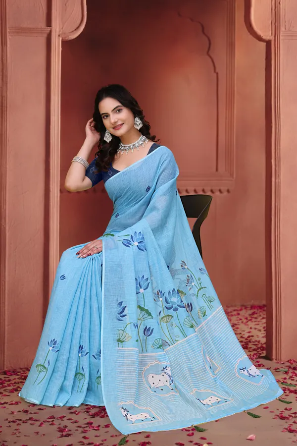 Light_Blue_Cotton_Floral_Printed_Saree_For_Women